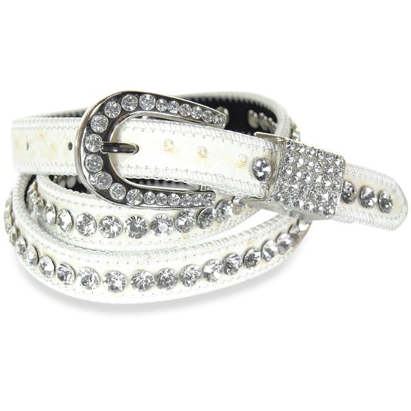 Boutique Accessories - Leather Rhinestone Belt in White